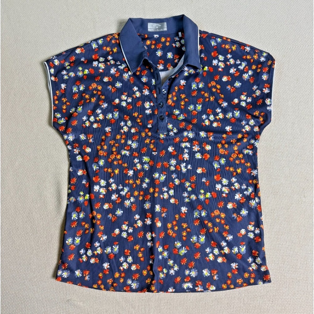 Callaway Women's Navy Floral Golf Polo Shirt Cap Sleeve Performance Top Size S